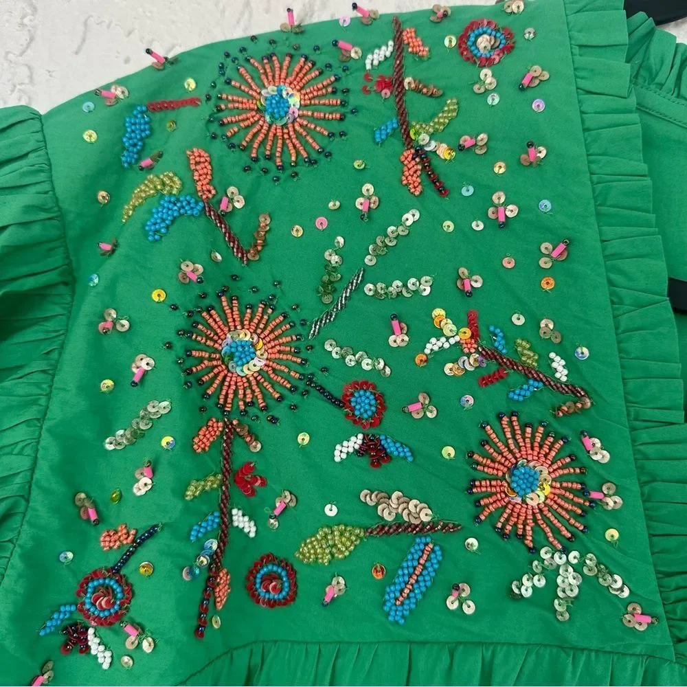 VILAGALLO Dress Women Size 40/8 Eliza Green Boho Beaded‎ Tunic Peasant